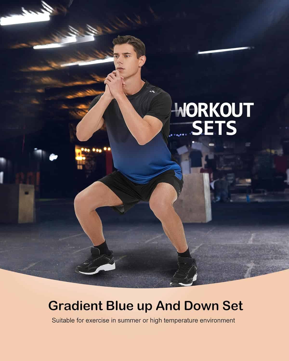 Man in athletic wear performing a squat exercise in a gym setting with 'Workout Sets' text overlay.