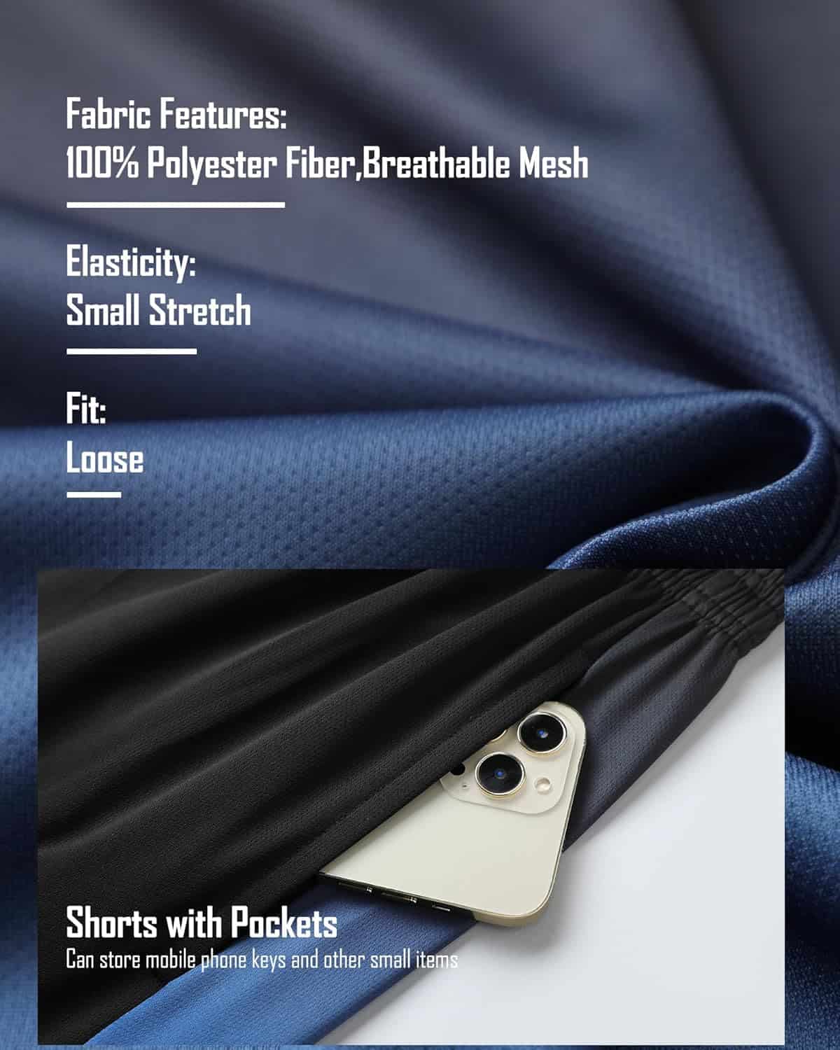 Blue fabric with text on material features and a smartphone in shorts pocket.