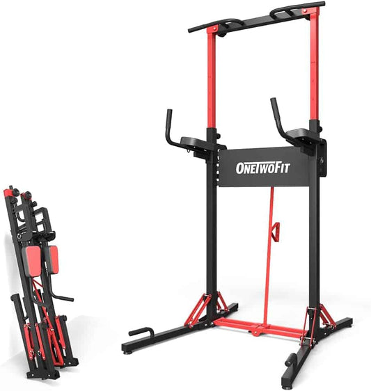 ONETWOFIT Power Tower Pull Up Bar Station – Heavy Duty 400 lbs, Adjustable Height, Foldable Dip Station for Home Gym, Multi-Function Strength Training Equipment ONETWOFIT