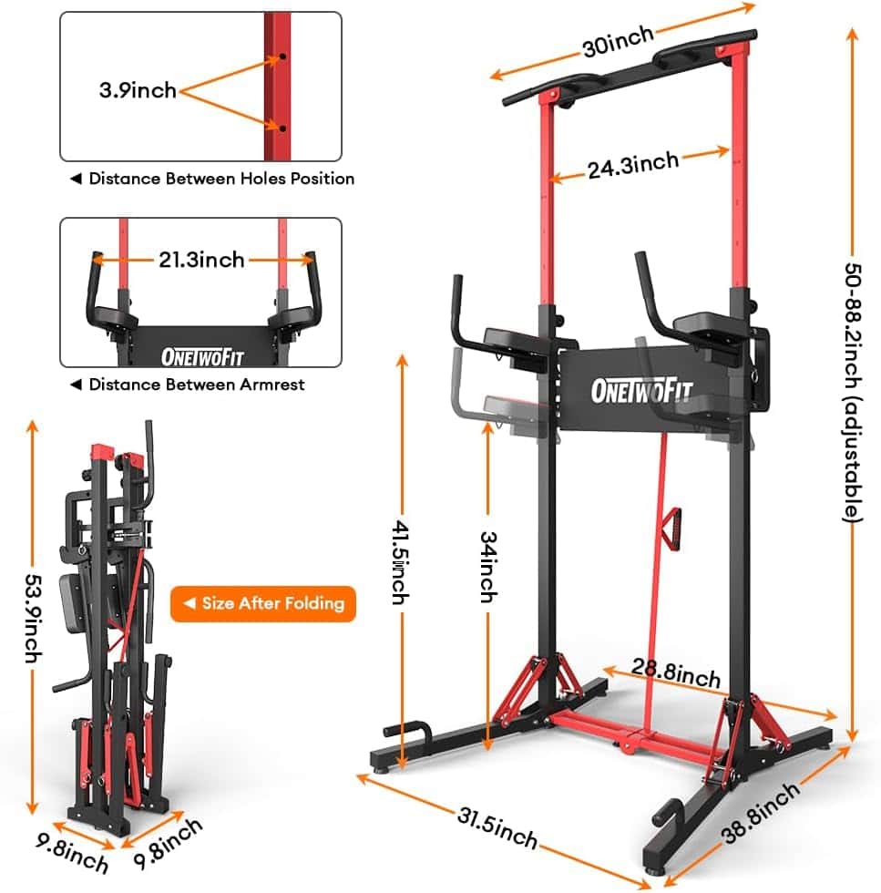 ONETWOFIT Power Tower Pull Up Bar Station – Heavy Duty 400 lbs, Adjustable Height, Foldable Dip Station for Home Gym, Multi-Function Strength Training Equipment ONETWOFIT
