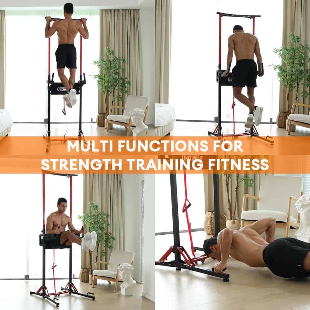 ONETWOFIT Power Tower Pull Up Bar Station – Heavy Duty 400 lbs, Adjustable Height, Foldable Dip Station for Home Gym, Multi-Function Strength Training Equipment ONETWOFIT