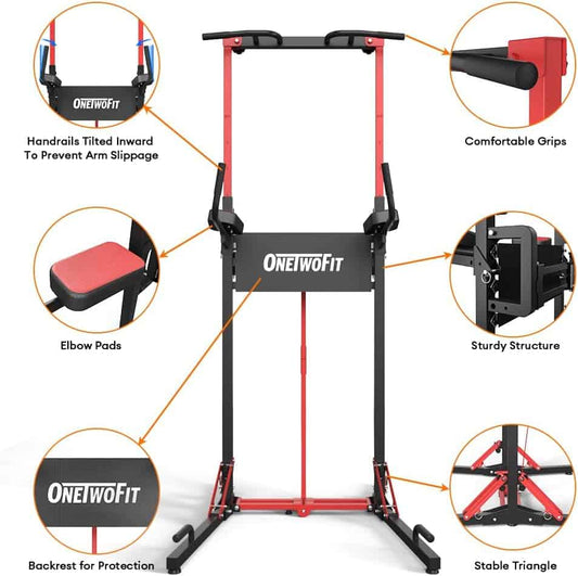ONETWOFIT Power Tower Pull Up Bar Station – Heavy Duty 400 lbs, Adjustable Height, Foldable Dip Station for Home Gym, Multi-Function Strength Training Equipment ONETWOFIT