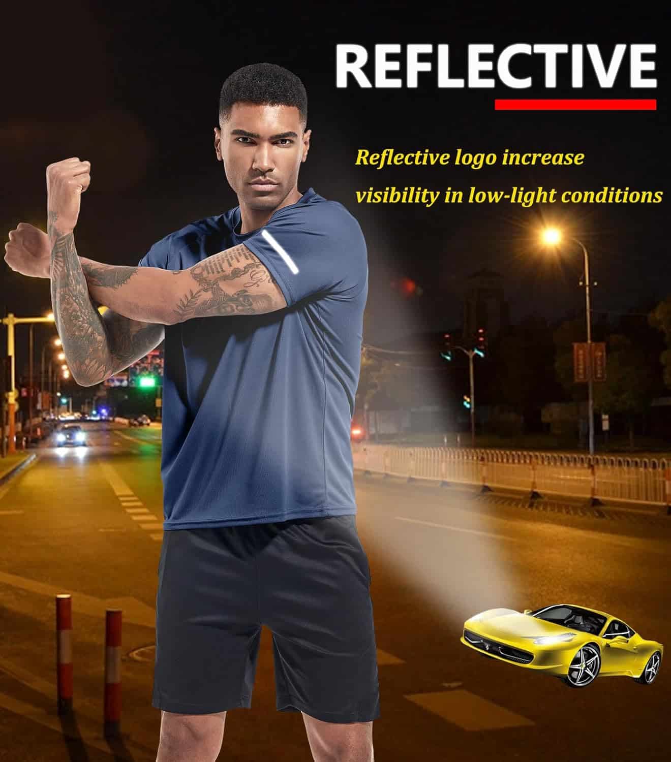 Man in blue shirt and black shorts on a dark street with a car and reflective logo text.