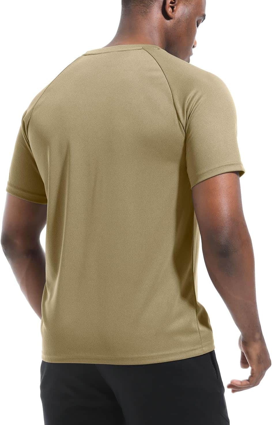 Man wearing a beige t-shirt on a white background