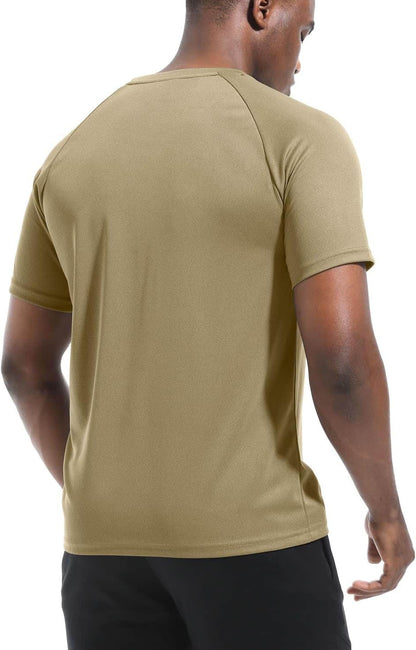 Man wearing a beige t-shirt on a white background