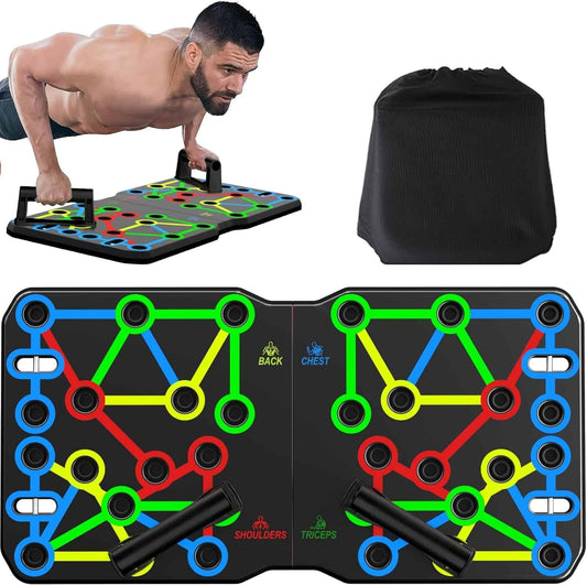 Multifunctional exercise mat with colorful design and attachments, used by a person in push-up position.