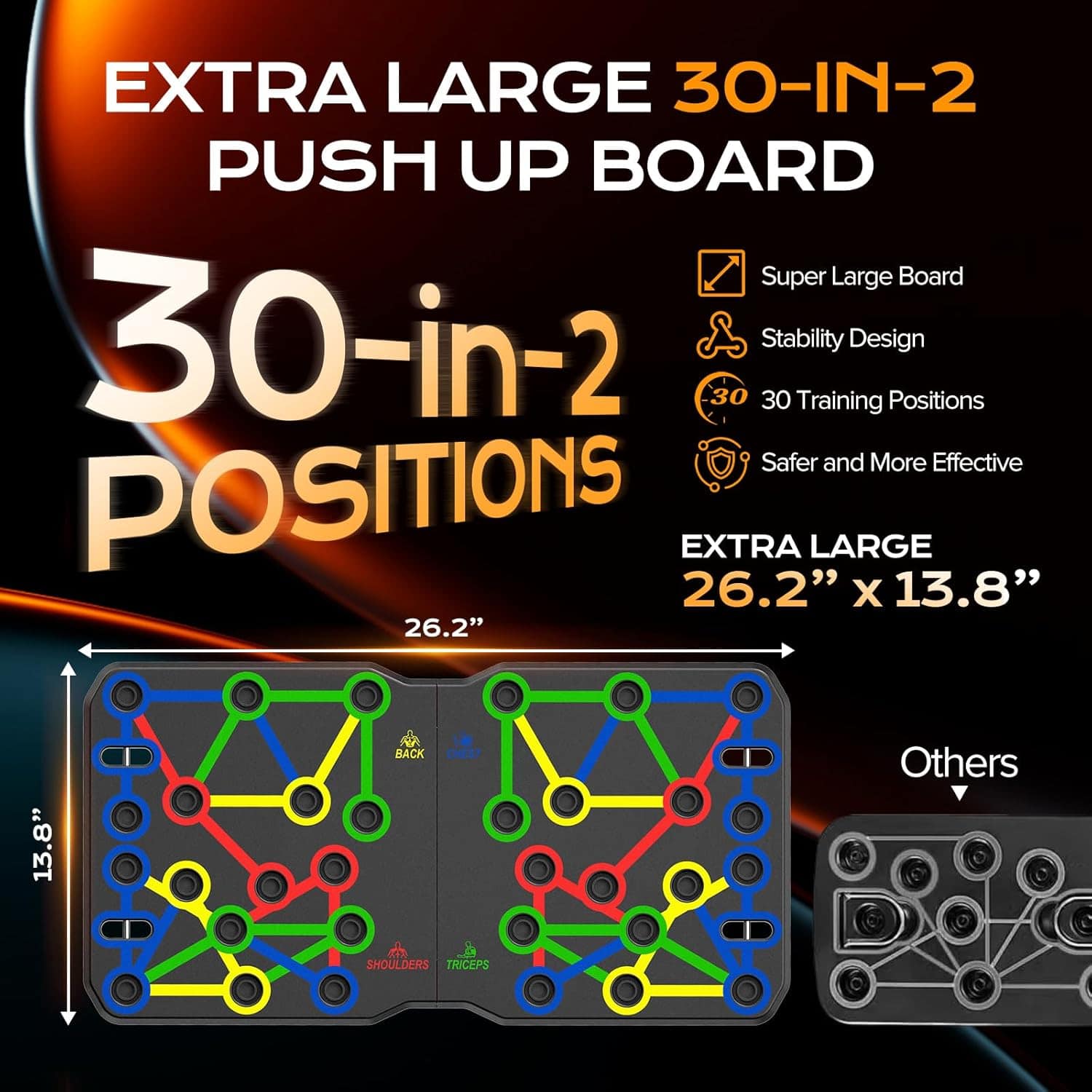 Extra large 30-in-2 push-up board with features and dimensions on a dark background