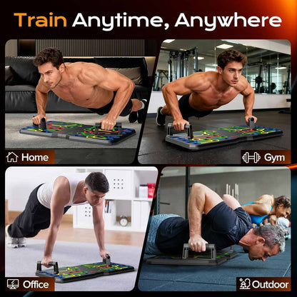 Collage of a man using a push-up stand in various settings with text 'Train Anytime, Anywhere'.