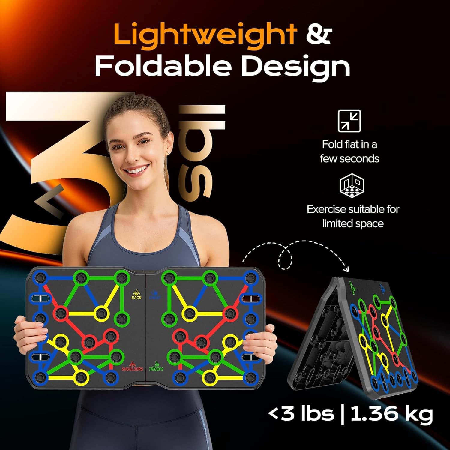 Woman holding a colorful exercise board with text about its lightweight, foldable design on a black background.
