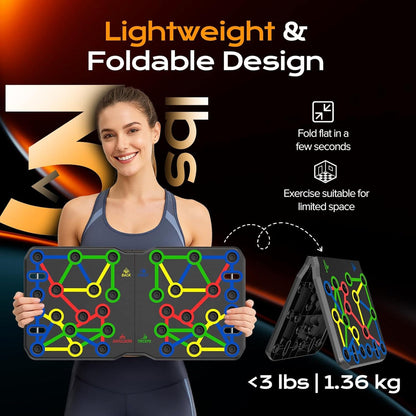Woman holding a colorful exercise board with text about its lightweight, foldable design on a black background.