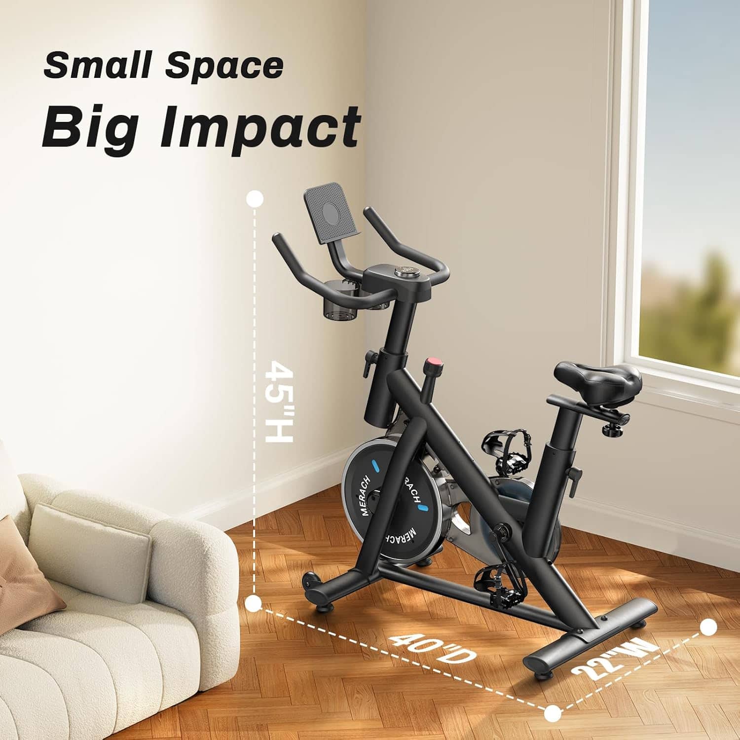 Black exercise bike in a room with dimensions highlighted, showing it fits well in small spaces.