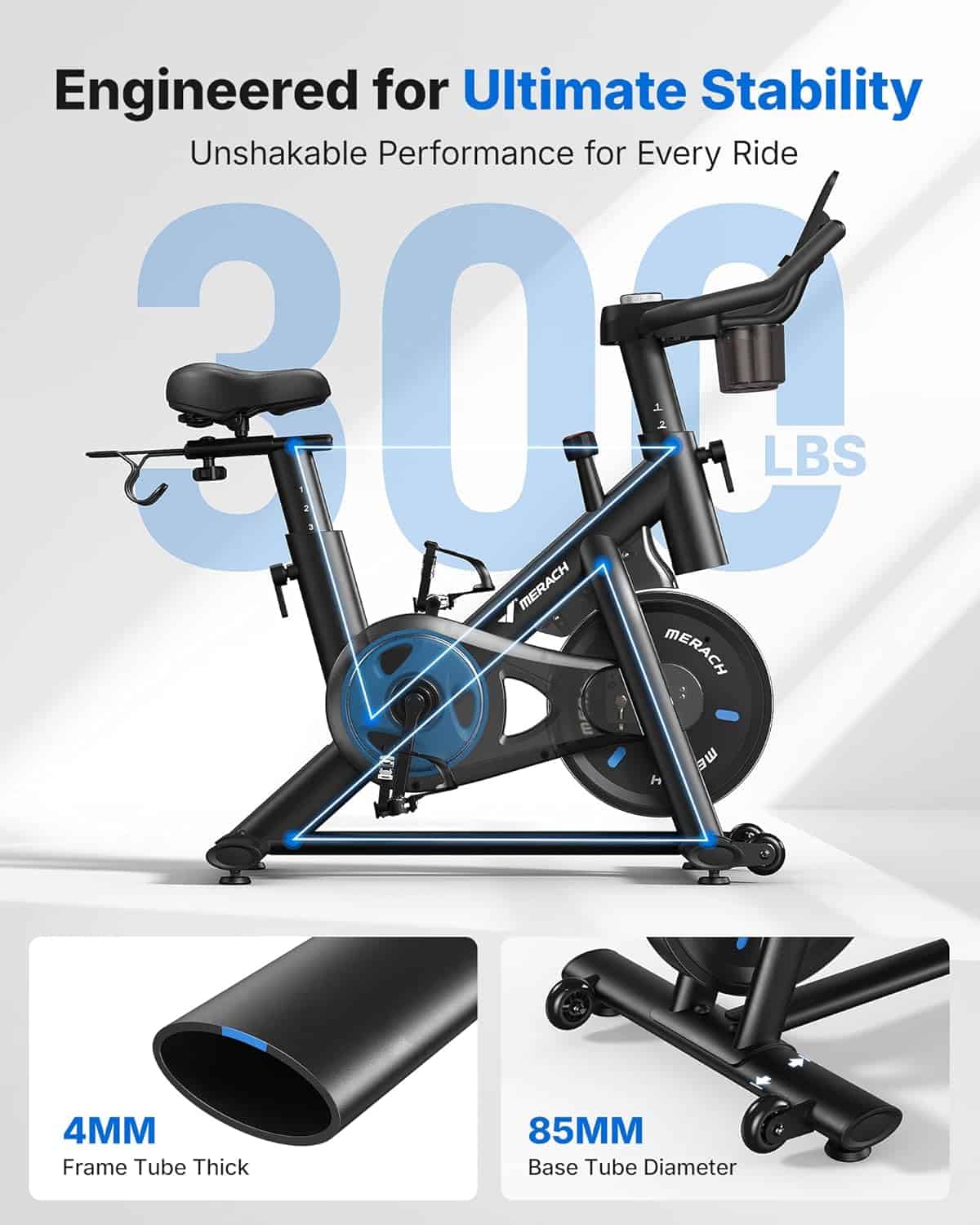 Indoor cycling bike with stability features and specifications on a white background