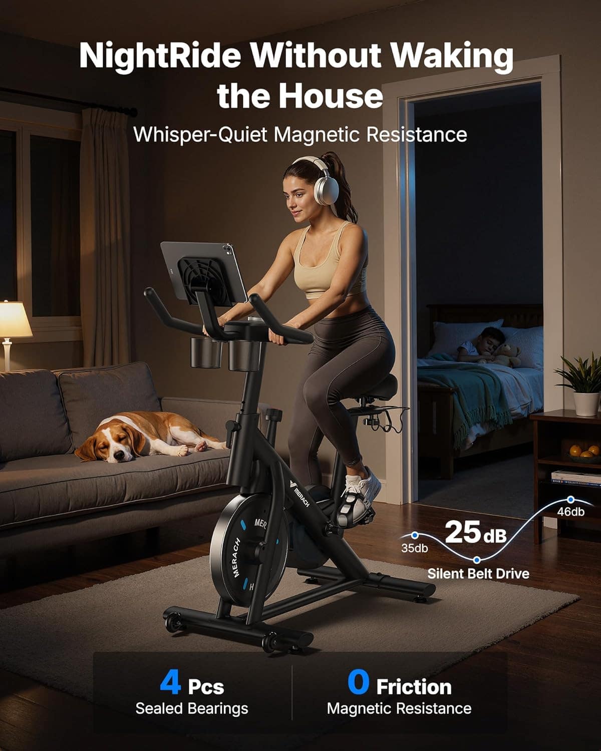 Woman exercising on a stationary bike in a home setting with text highlighting features.
