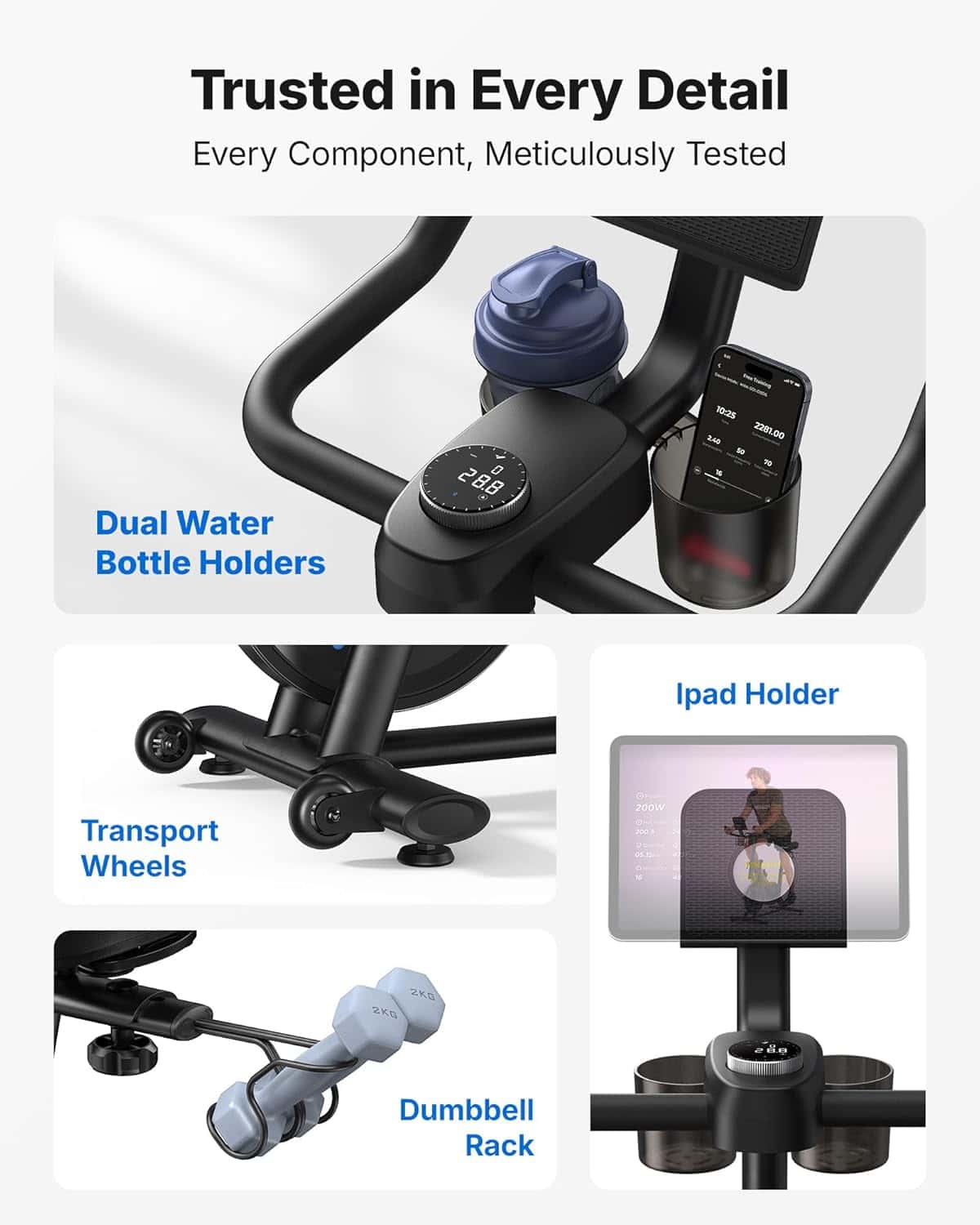 Ergonomic desk chair with features like dual water bottle holders, transport wheels, and an iPad holder.