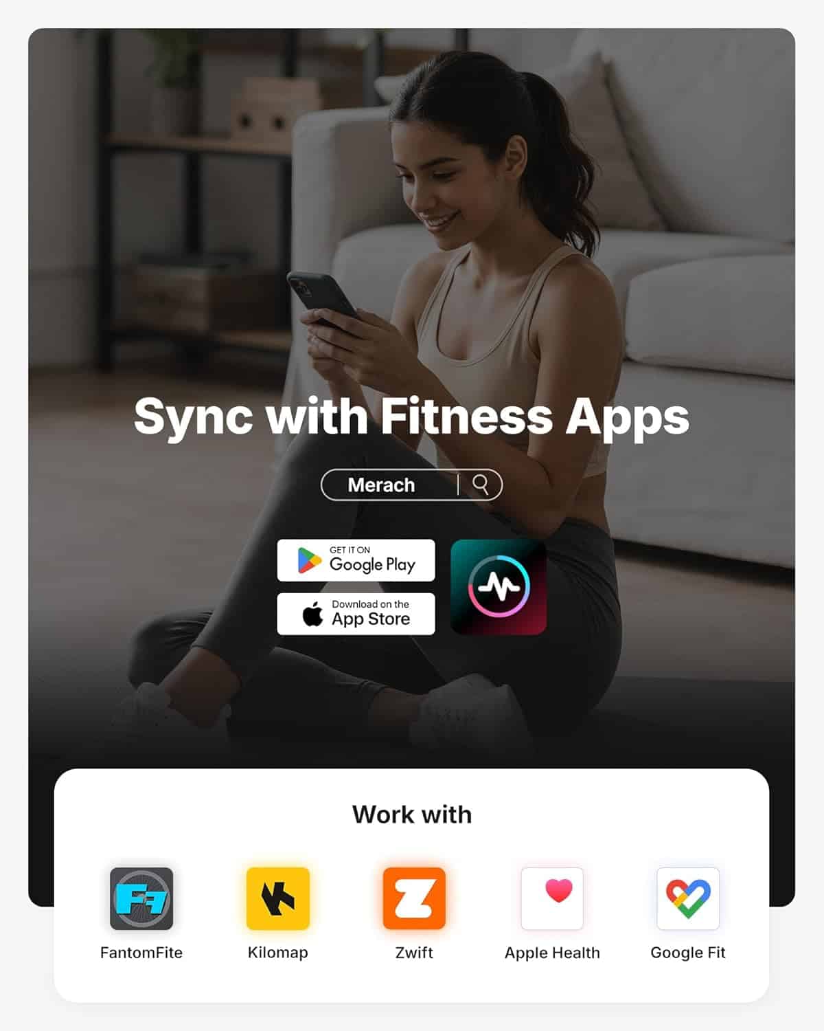 Woman using a smartphone with fitness app sync text overlay