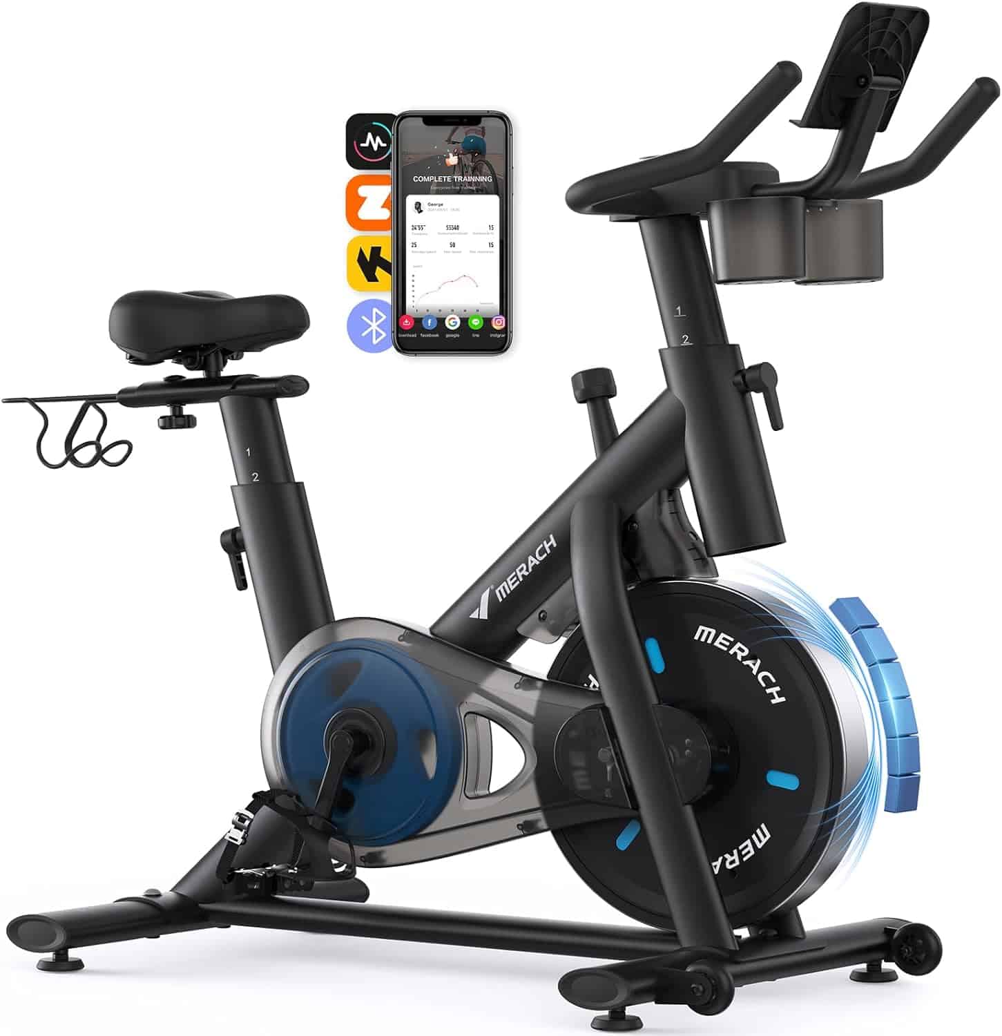 Merach exercise bike with smartphone displaying a fitness app on a white background