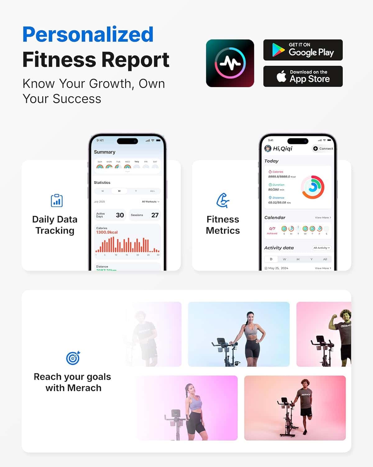 Personalized fitness report app with smartphone screens displaying features on a white background.