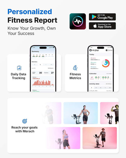 Personalized fitness report app with smartphone screens displaying features on a white background.