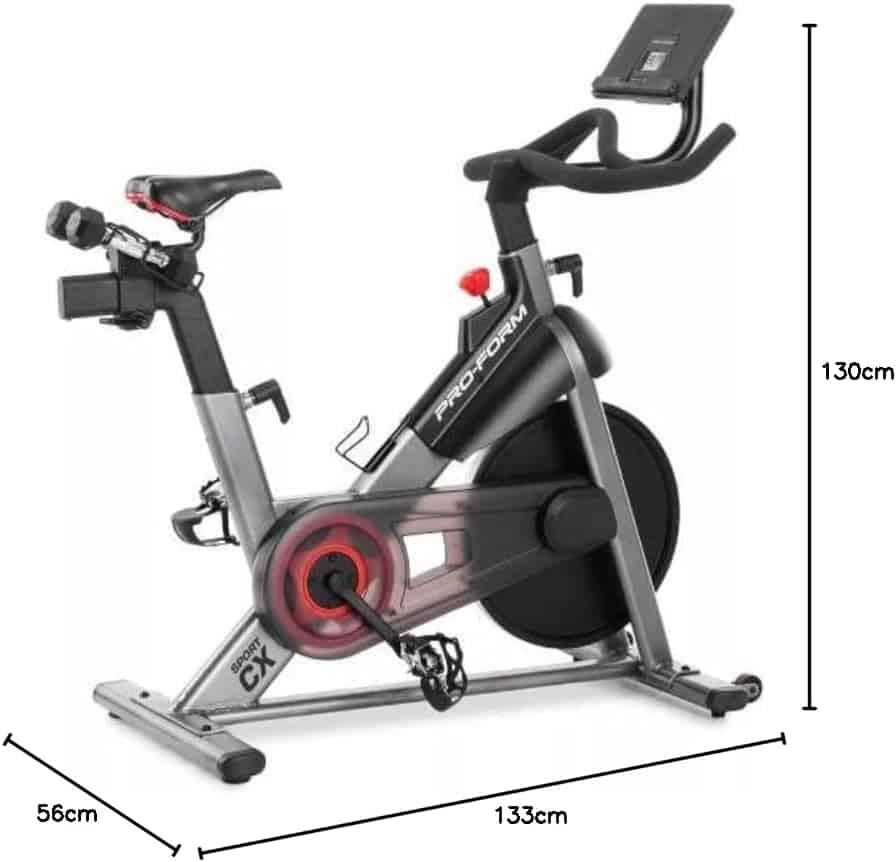 ProForm exercise bike with dimensions on a white background