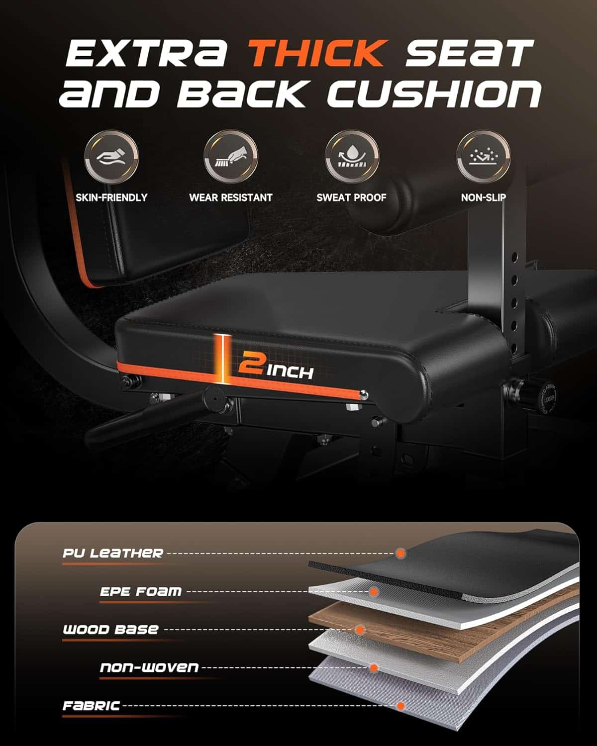 Chair cushion with features labeled on a dark background