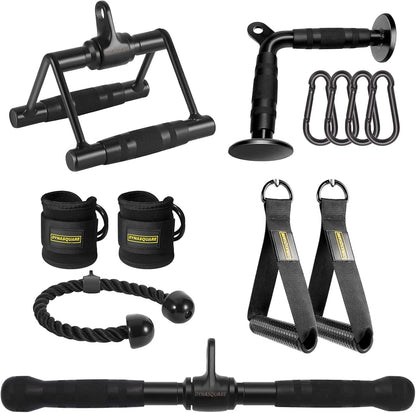 Collection of black fitness equipment including resistance bands and handles on a white background