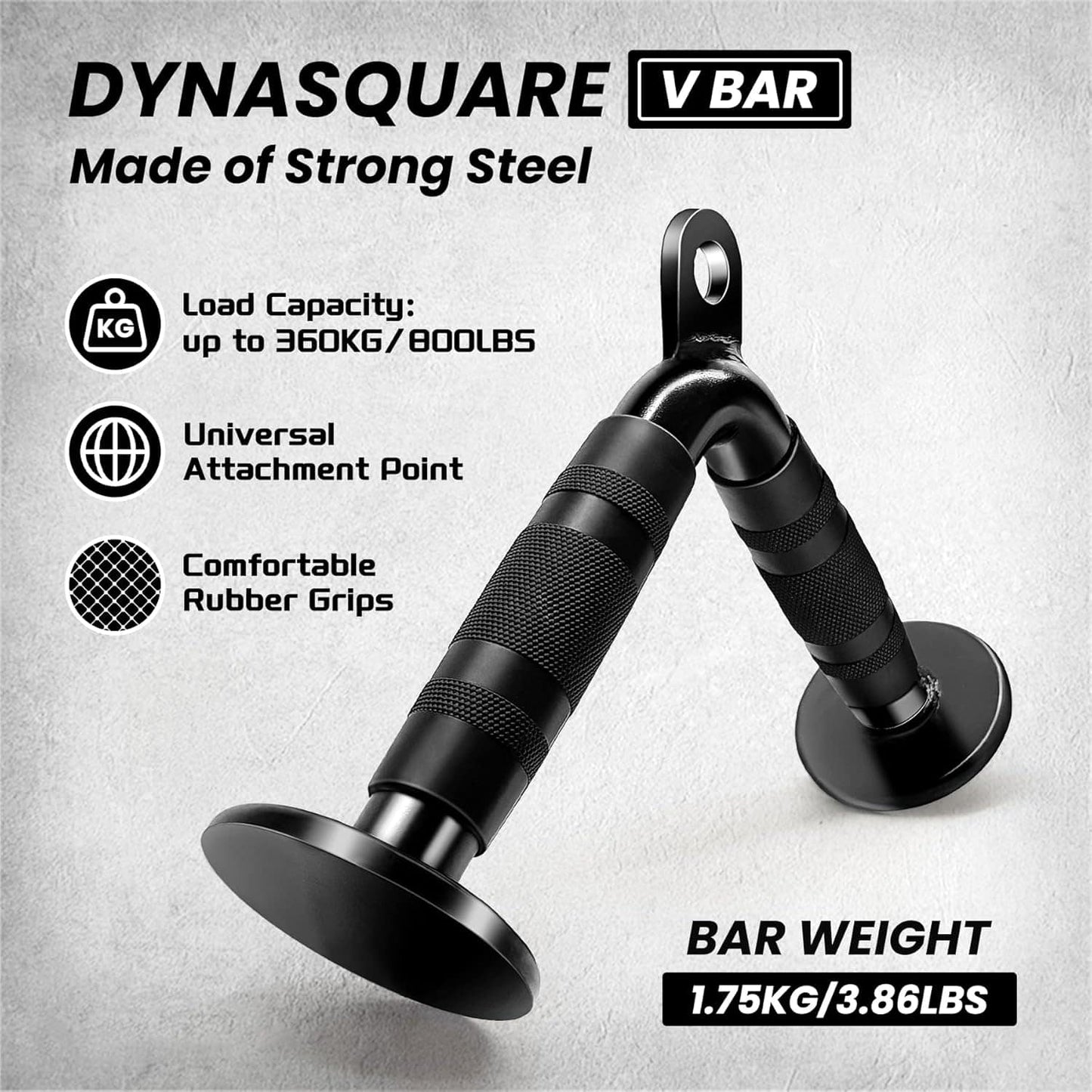 Handheld gym bar with text highlighting features on a gray background