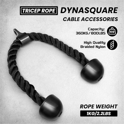 Tricep rope with black ends on a gray background, featuring product details.