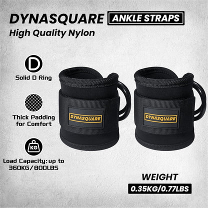 Two black ankle straps with Dynasquare branding on a gray background.