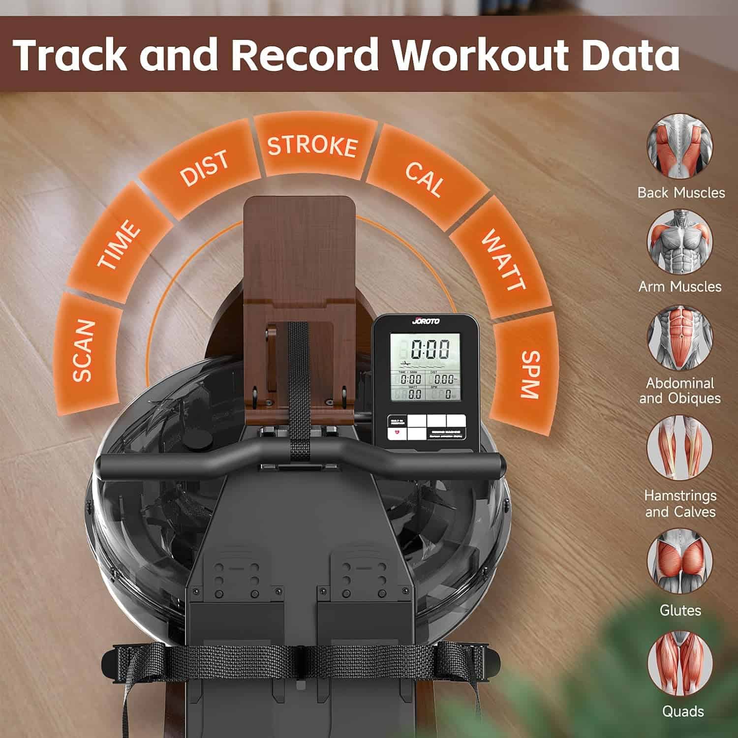 Rowing machine with digital display on a wooden floor, showing workout data and muscle groups.