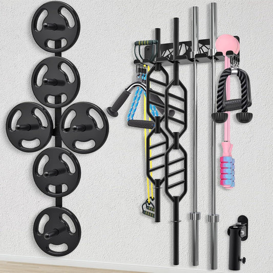 Wall Mounted Gym Organizer Set – Weight Plate Storage Rack, Barbell Holder & T-Bar Landmine Attachment – 1000 lb Capacity Heavy-Duty Steel Kipika