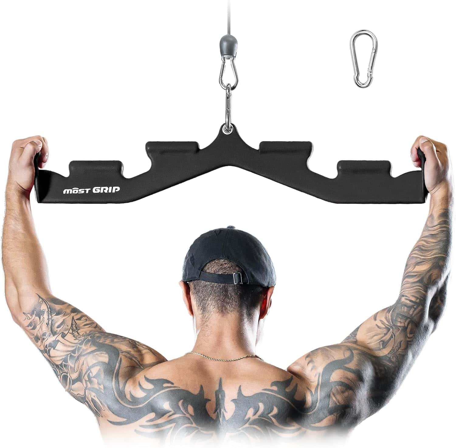 Person using a black weightlifting pulley system with 'Most Grip' branding.