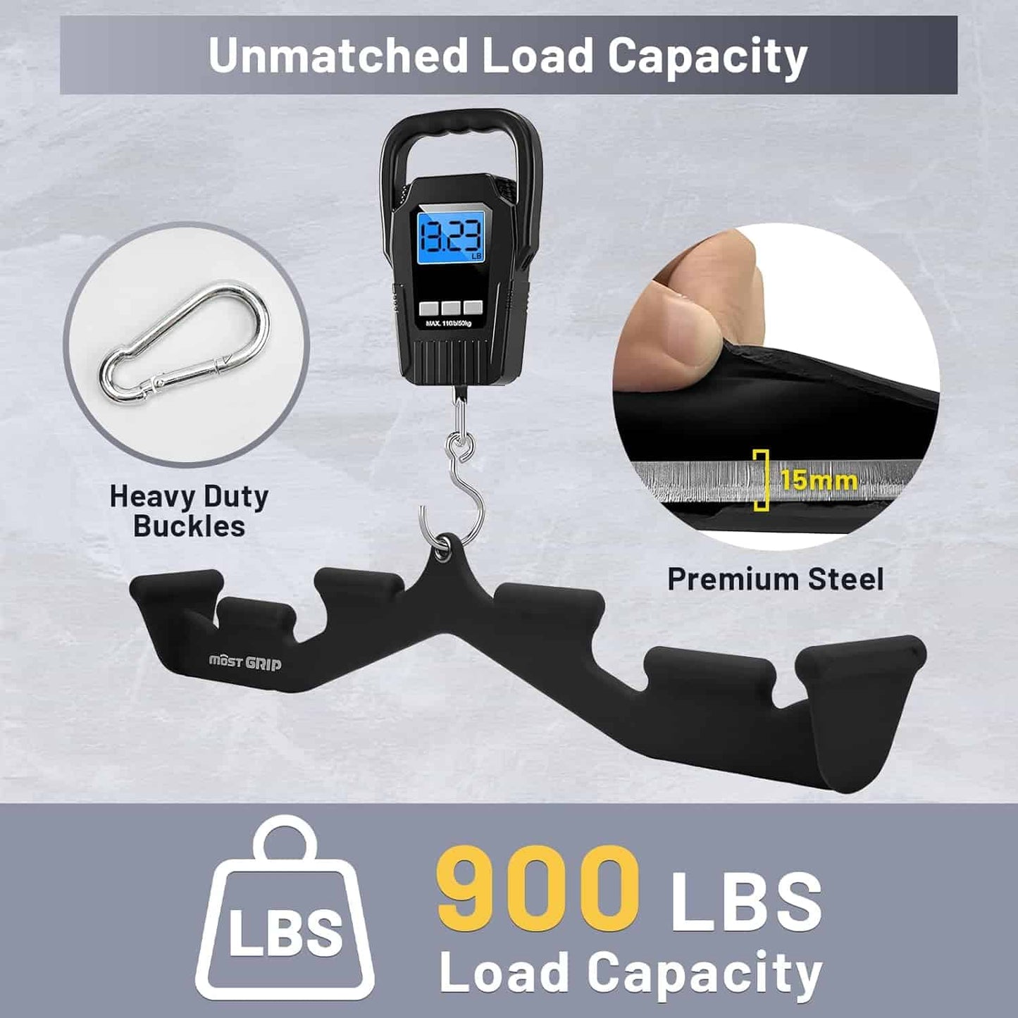Digital luggage scale with features highlighted on a gray background