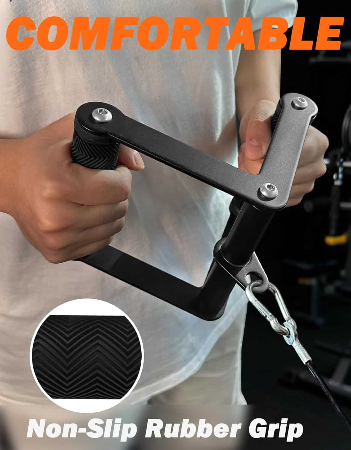 Person holding a black metal handle with a non-slip rubber grip, emphasizing comfort.