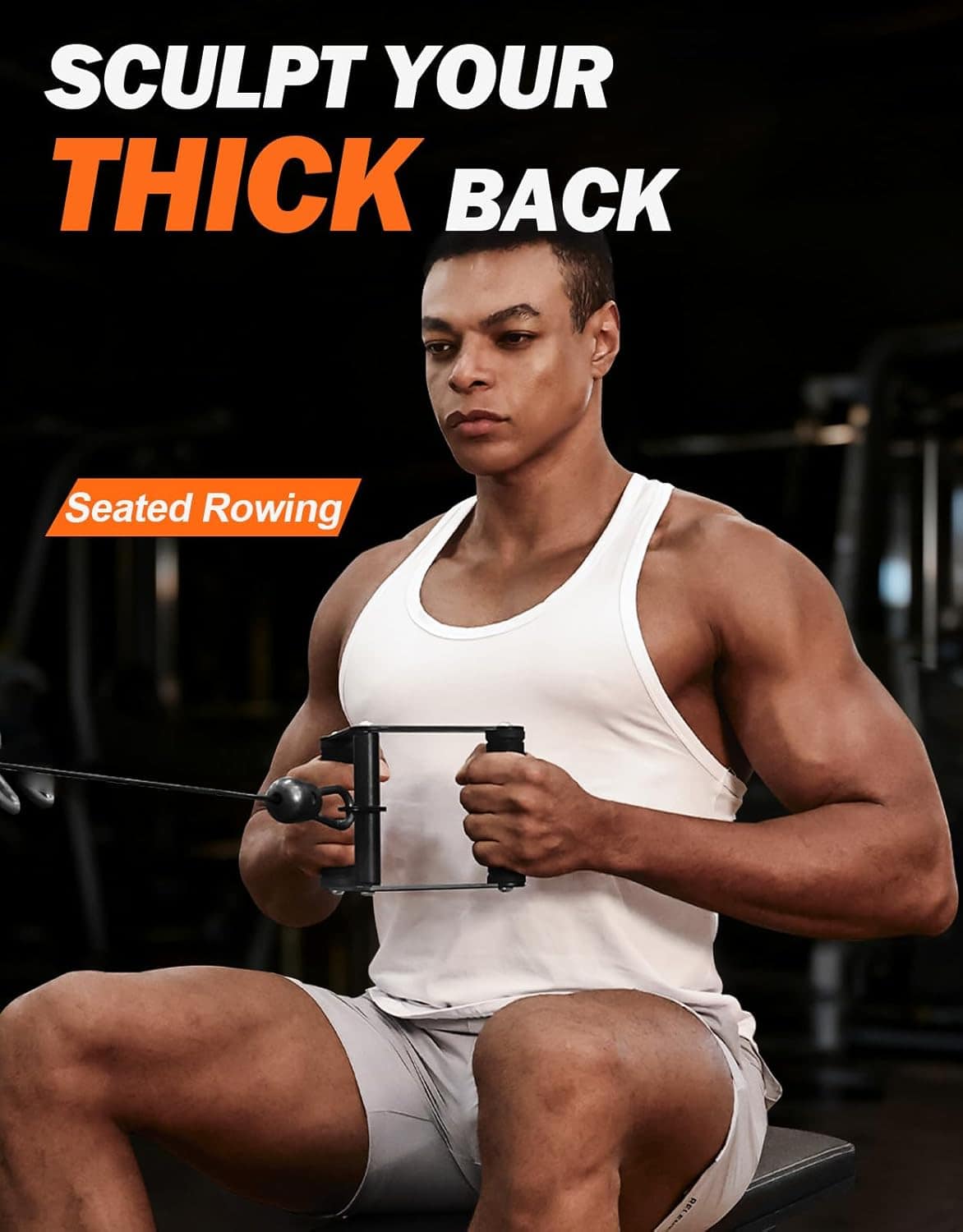 Man exercising with a seated row machine in a gym setting, promoting back sculpting.
