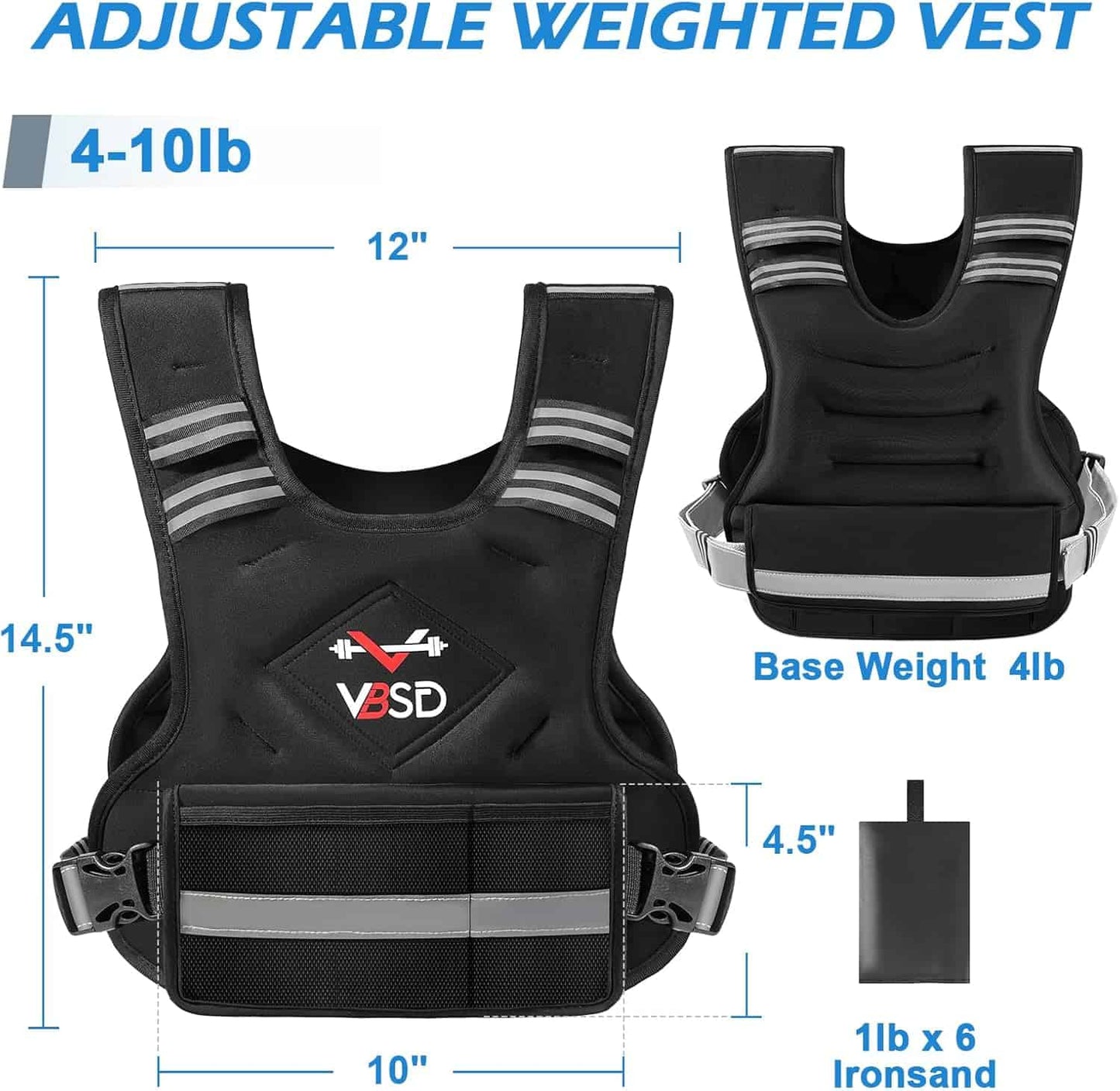 VBSD Adjustable Weighted Vest for Men & Women – 4–32lb with Iron Sand Bags, Reflective Strips & Neoprene Design for Running, Walking & Strength Training VBSD