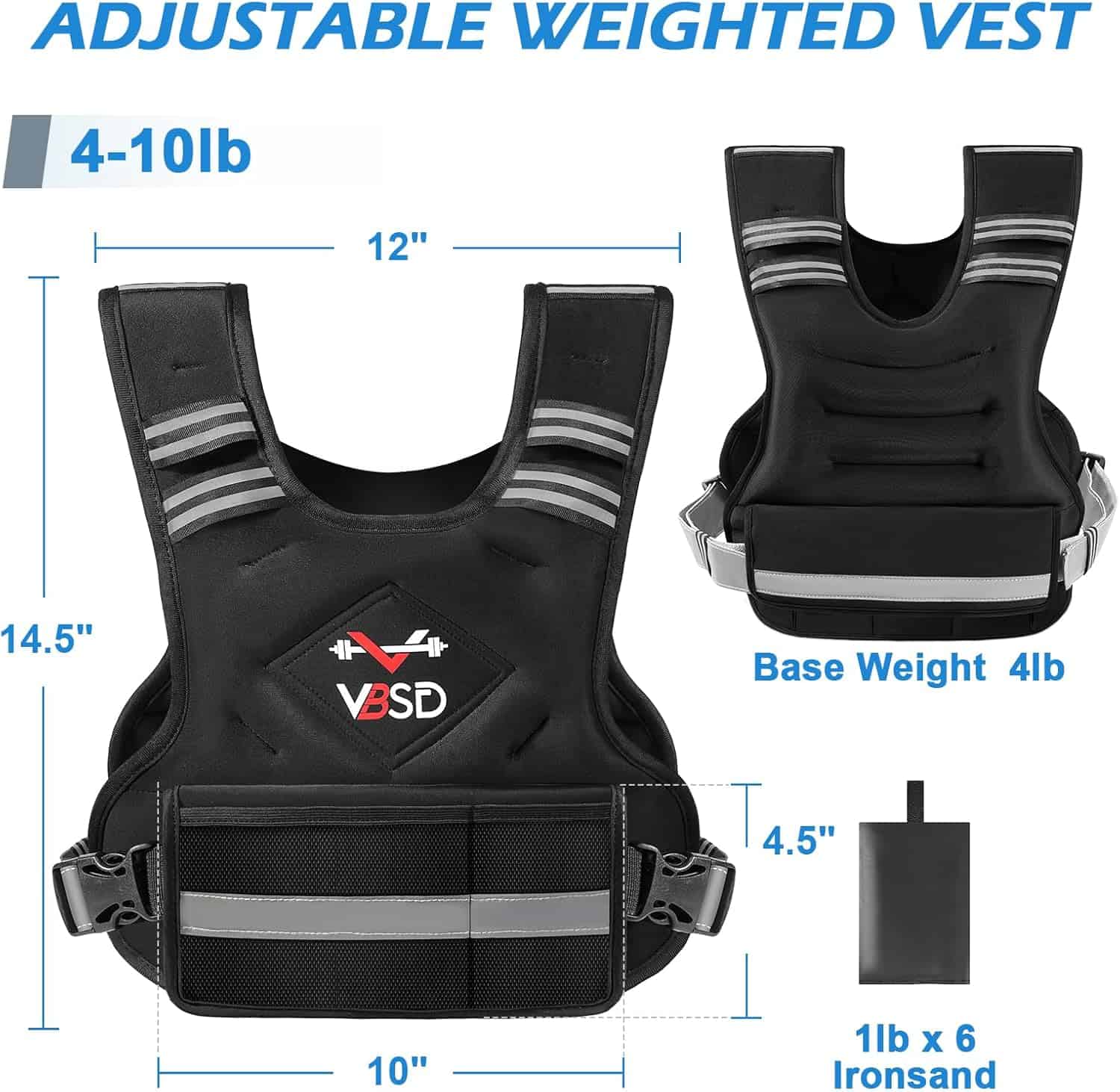 VBSD Adjustable Weighted Vest for Men & Women – 4–32lb with Iron Sand Bags, Reflective Strips & Neoprene Design for Running, Walking & Strength Training VBSD