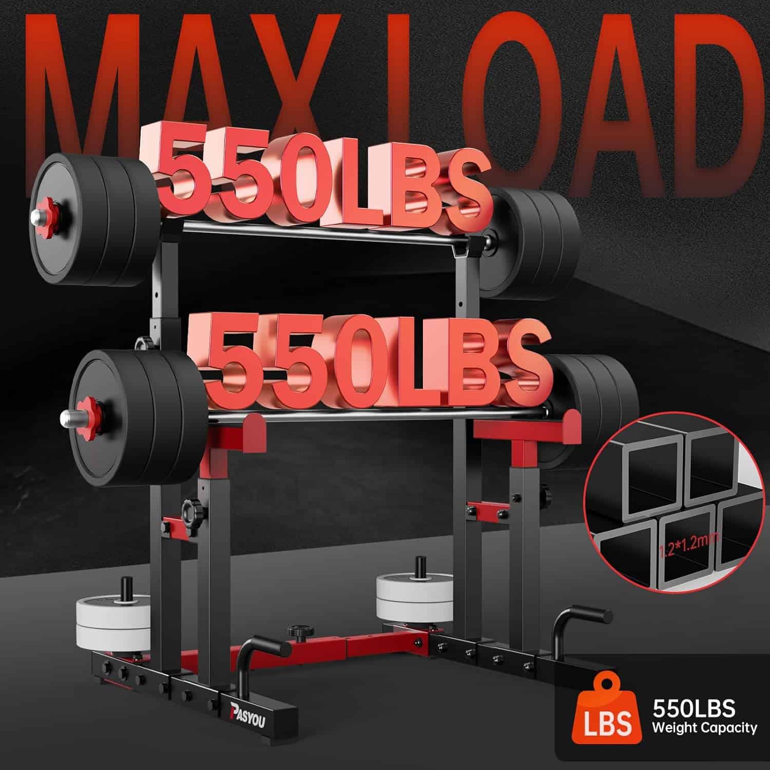 Weightlifting bench with 550 lbs weight capacity display on a dark background