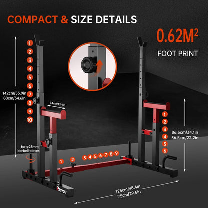 Squat rack with compact size details and foot print measurement on a black background