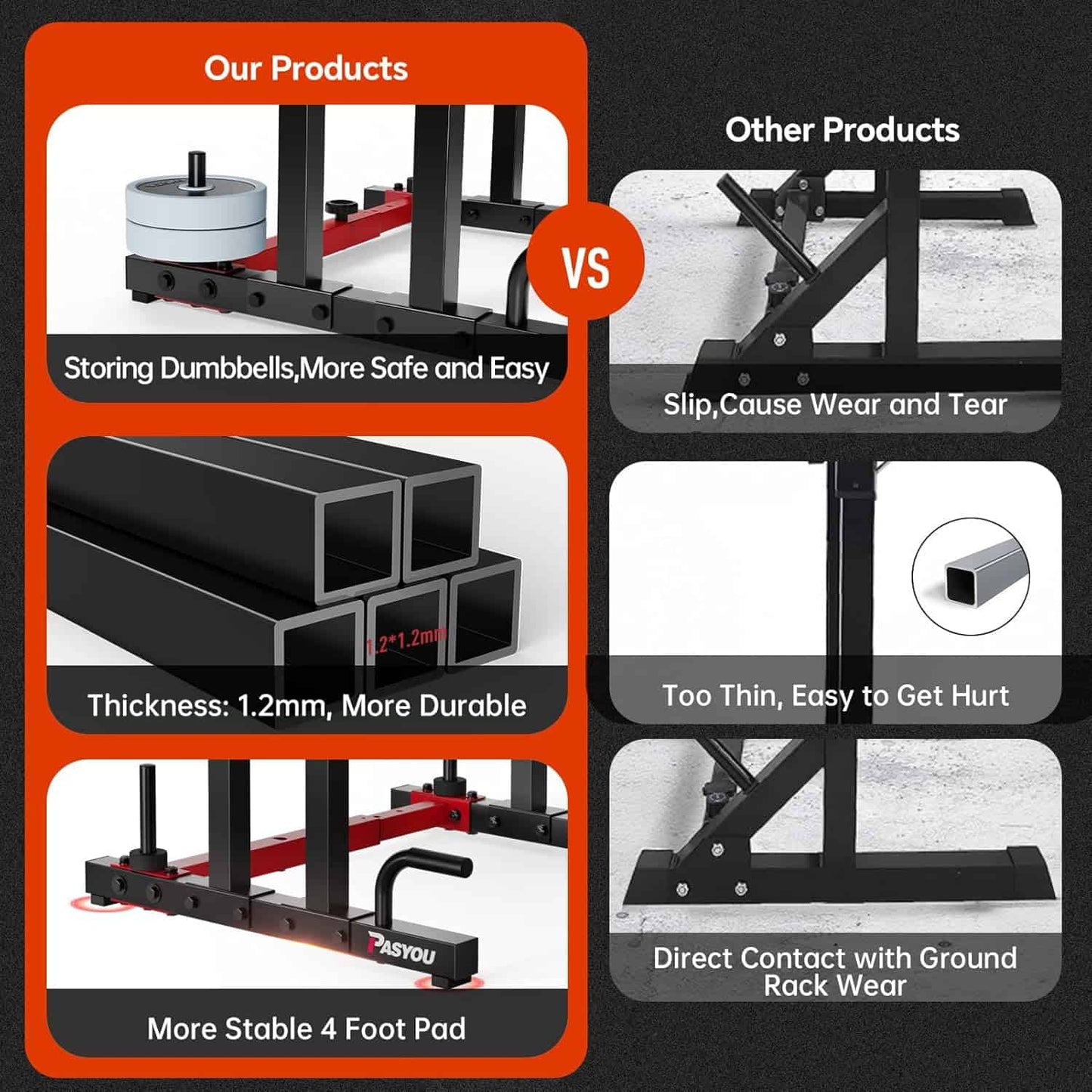 Comparison of a durable dumbbell storage rack with thin metal bars on a black background.