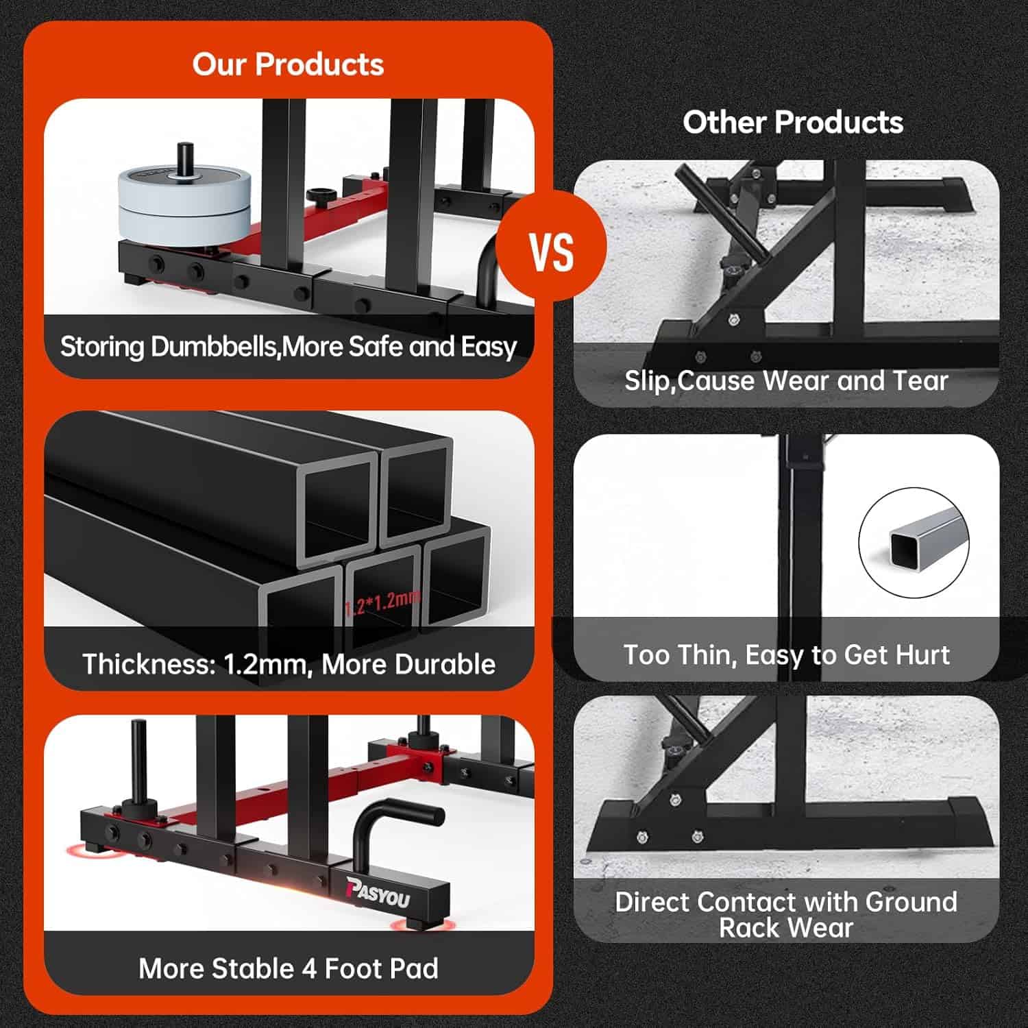 Comparison of a durable dumbbell storage rack with thin metal bars on a black background.