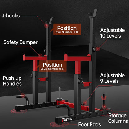 Gym squat rack with labeled features on a dark background