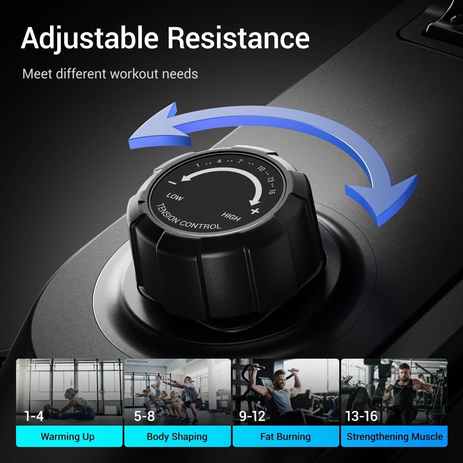 Adjustable resistance control with workout examples on a dark background