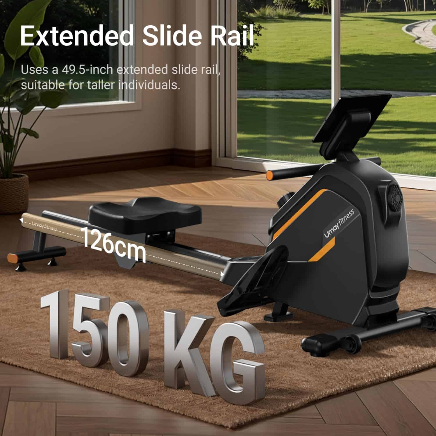 Rowing machine with extended slide rail in a home setting
