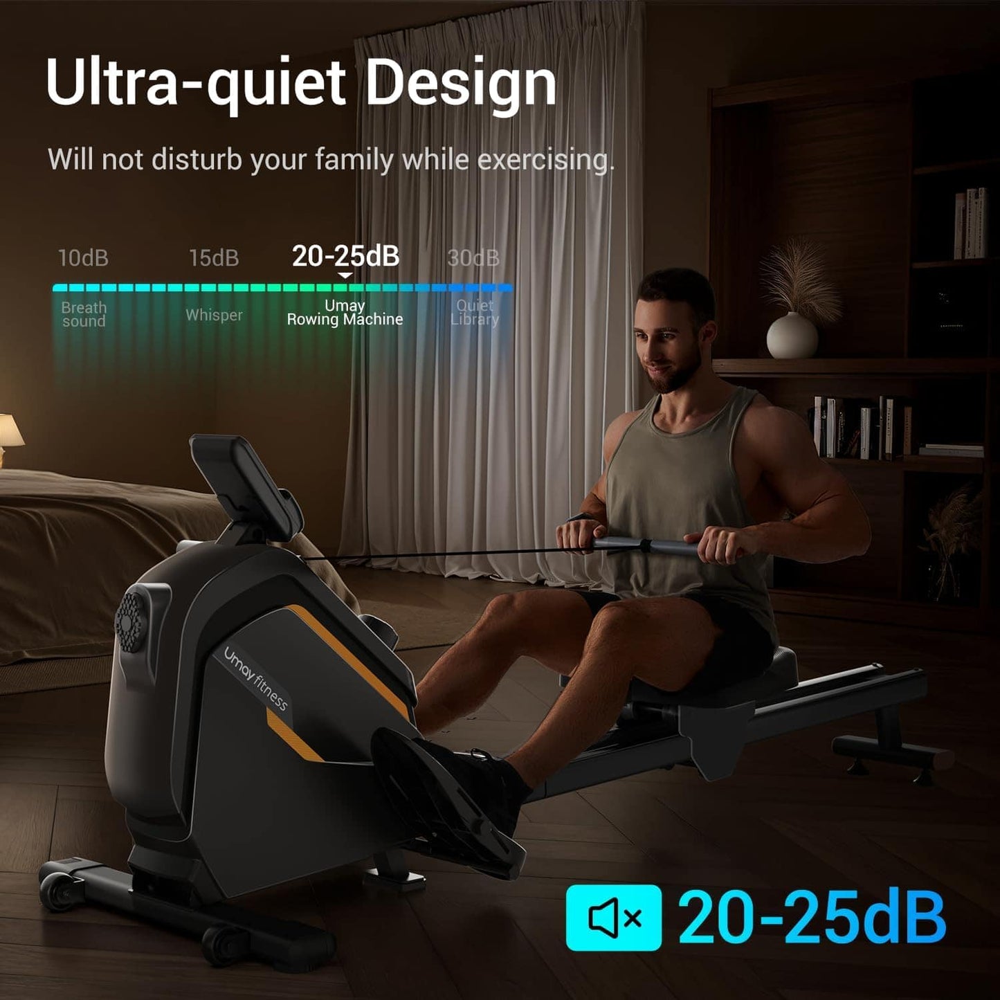Man exercising on a rowing machine with noise level display in a home setting