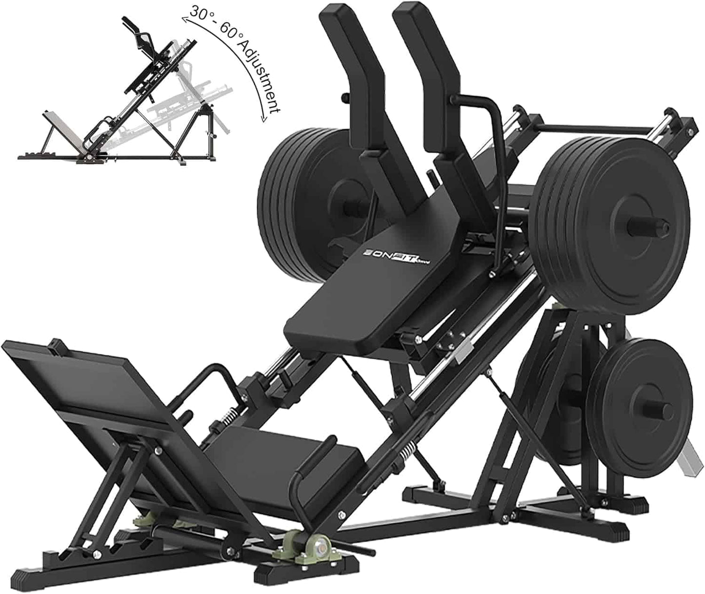 Leg press machine with weight plates and adjustable angles on a white background
