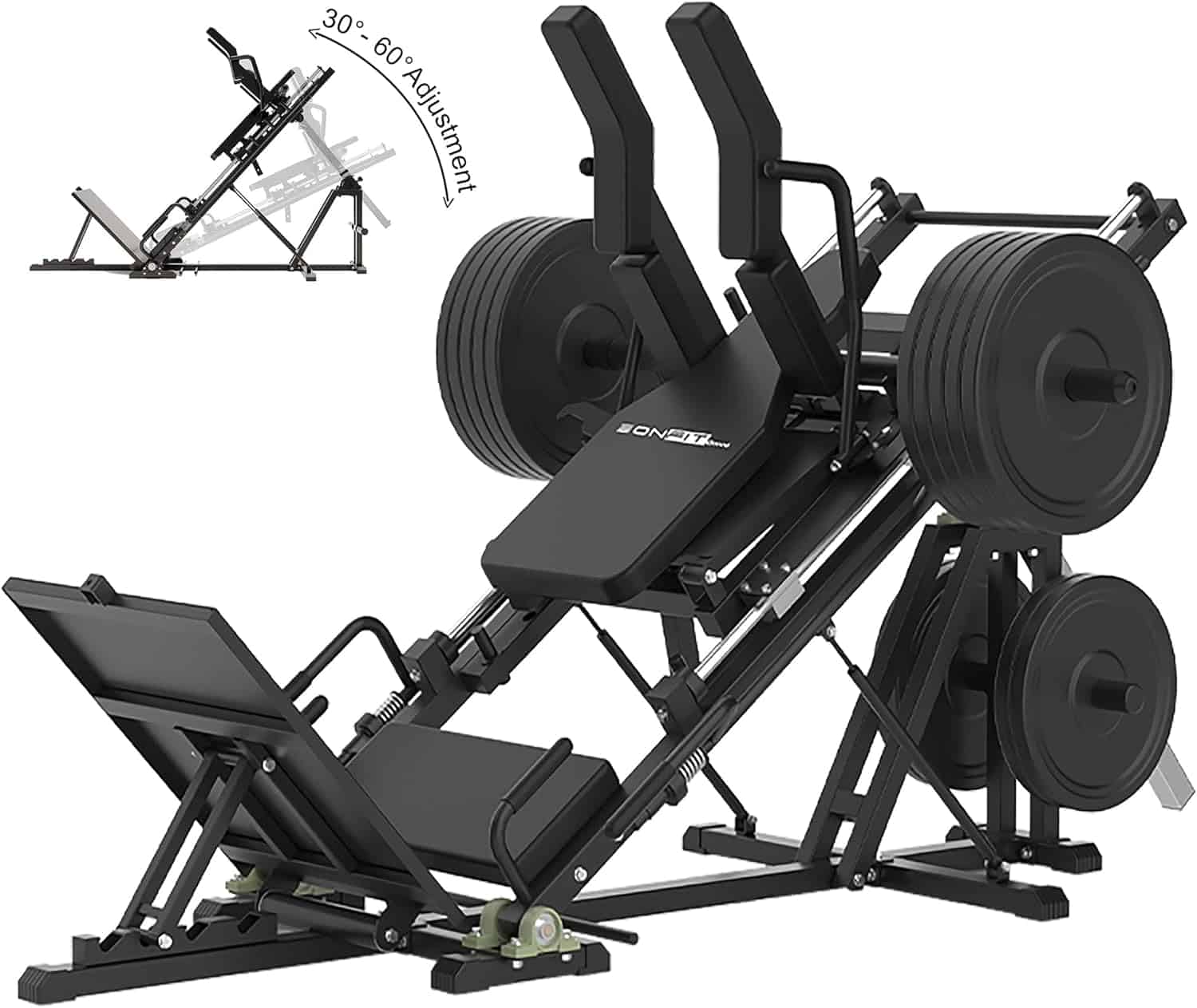 Leg press machine with weight plates and adjustable angles on a white background
