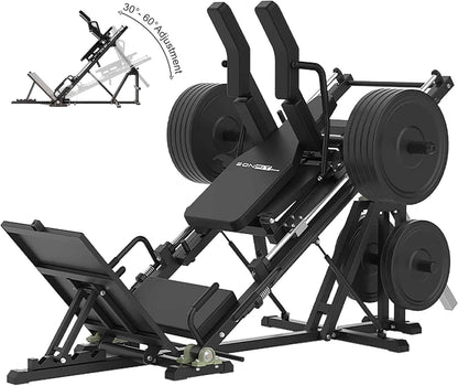 Leg press machine with weight plates and adjustable angles on a white background