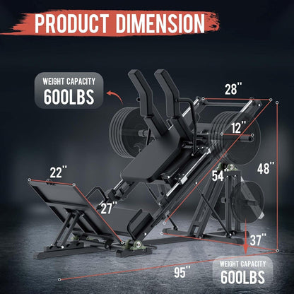 Gym machine with dimensions and weight capacity labeled on a dark background