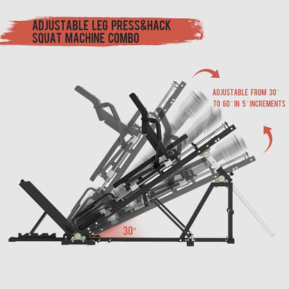 Adjustable leg press and hack squat machine combo with text on a white background