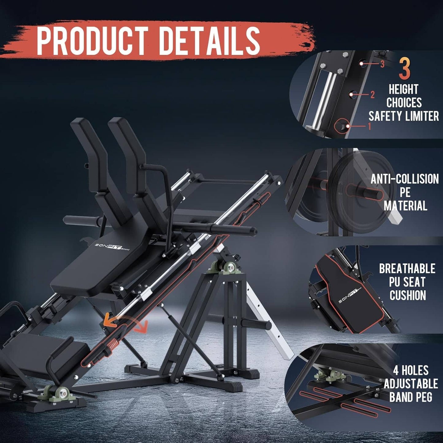 Gym machine with features highlighted on a dark background
